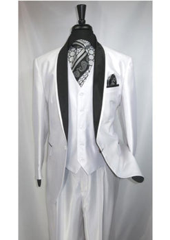 Men's 3 Piece One Button Shawl Lapel Suit Jacket with Black Satin Trim Collar White