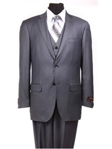 Charcoal Grey ~ Blue ~ Dark Navy Stripe ~ Pinstripe Vested Men'S 3 Piece Suit No Pleated Pants Side Vented Regular Cut Conservative