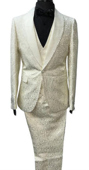 Mens 3-Piece Suit Floral Pattern Double Breasted Vest Ivory Suit