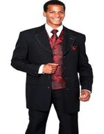 Mens 4 Buttons Long Vested Fashion Suit in Black with Red Paisley Vest