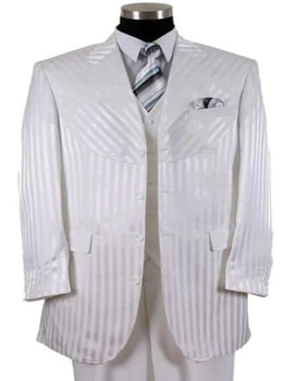 Mens 4 Buttons Notch Label Semi Wide Leg Shiny Tonal Stripe Fashion Suit in White