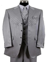 Mens 4 Buttons Notch Label Semi Wide Leg Shiny Tonal Stripe Fashion Suits in Silver