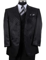 Mens 4 Buttons Semi Wide Leg Shiny Tonal Stripe Notch Label Fashion Suit in Black