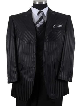 Mens 4 Buttons Semi Wide Leg Shiny Tonal Stripe Notch Label Fashion Suit in Black