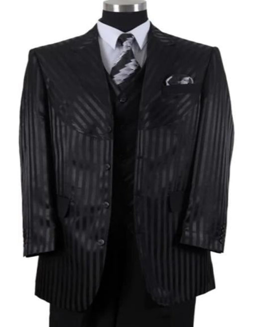 Mens 4 Buttons Semi Wide Leg Shiny Tonal Stripe Notch Label Fashion Suit in Black