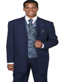 Mens 4 Buttons Single Breasted Long Vested Fashion Suit in Navy with Paisley Vests