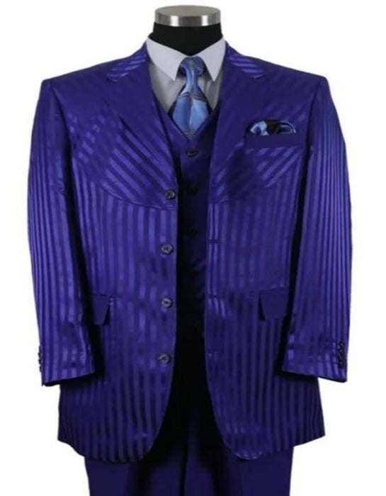 Mens 4 buttons Semi Wide Leg Shiny Tonal Stripe Single Breasted Fashion Suit in Navy Blue