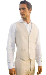 100% linen beach wedding tuxedo 2 slit pocket 4 button V-neck tuxedo vest for men