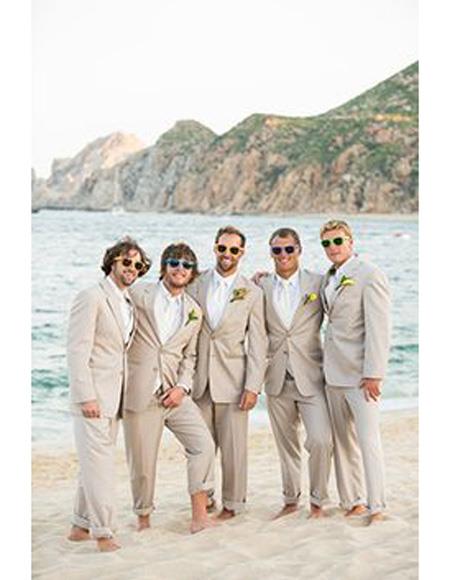 Men's Beige Besom Two Pockets Beach Wedding Suit