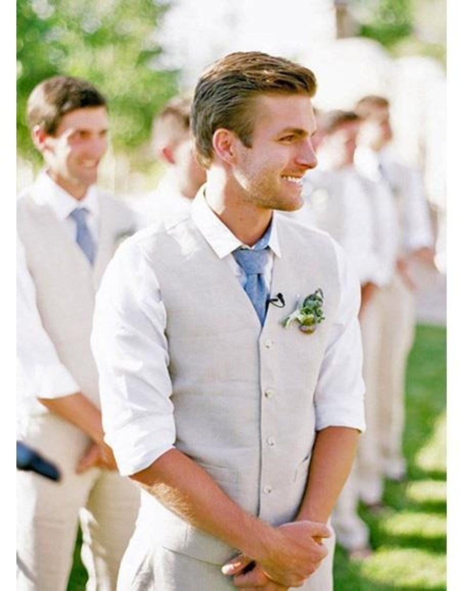 Men's Beige Flap Two Pockets Beach Wedding Attire Suit - Beige Suit