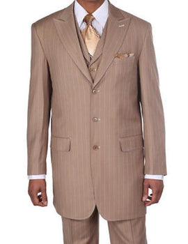 New Men'S Peak Lapel Pinstripe Stripe Suits Vested In Tan ~ Beige Pleated Pants - Three Piece Suit