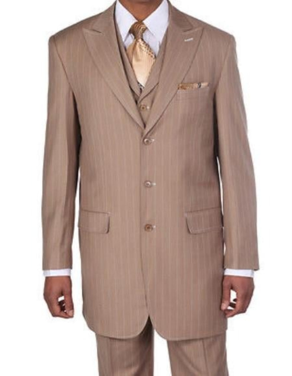 New Men's Peak Lapel Pinstripe Stripe Suit Vested In Tan ~ Beige Pleated Pant - Three Piece Suit