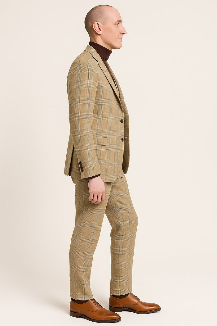 Mens Beige Plaid 3-Piece Suit – Classic Checkered Suit for Weddings, Church Vested Checkered Pattern - Image 2