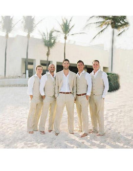 Men's Beige Two Button One Chest Pocket Beach Wedding Attire Suit