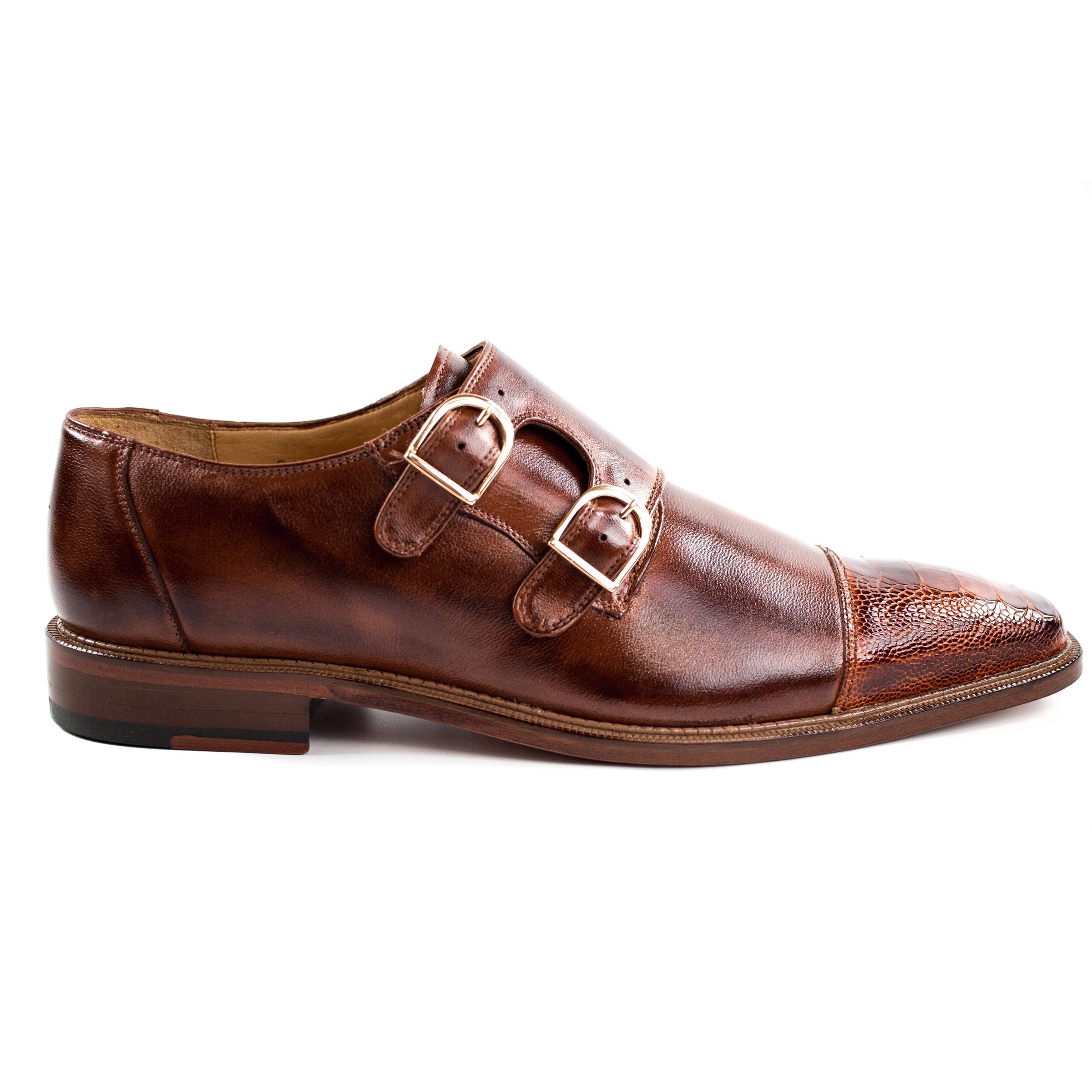 Belvedere Amico Tan Double Monk Strap Shoes Belvedere Genuine Ostrich Leg Two-Tone Monk Strap Shoes  main image 3