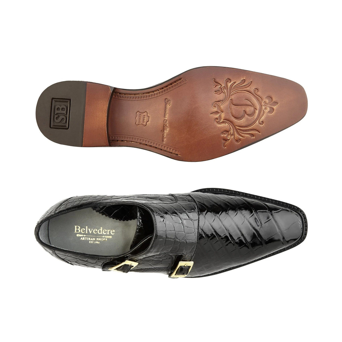 Mens Belvedere Pablo Lizard & Ostrich Double Monk Strap Dress Shoe in Navy