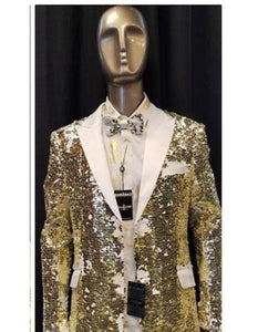 Mens Big and Tall Sequin Blazer - Shiny Fancy Sport Coat + Matching Bowtie + White ~ Gold Tuxedo