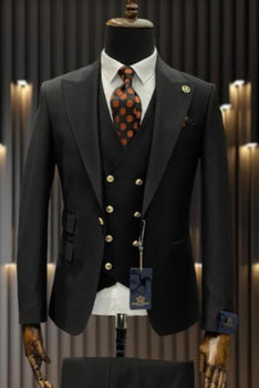 Mens Big and Tall Size Suits - Plus Size Mens Black Suit - Peak Lapel Ticket Pocket