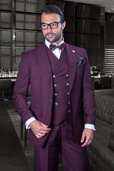 Men's Big and Tall Suits Plus Burgundy Suit For Classic fit 1 Button With Vest 34 Short or Extra Small