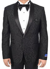 Men'S Super 150'S Viscose Blend 1 Button Black Tuxedo Modern Geometric Pattern Satin Shawl Lapel Dinner Jacket