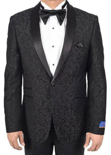 Men'S Super 150'S Viscose Blend 1 Button Black Tuxedo Modern Geometric Pattern Satin Shawl Lapel Dinner Jacket