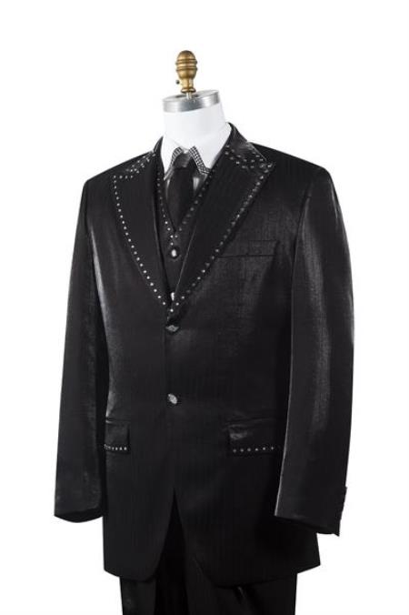 Men's Black Sharkskin Rhinestone 3 Piece Entertainer Suit
