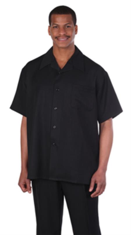 Leisure Casual Two Piece Mens Walking Outfit For Sale Pant Sets Suit Shirt & Pleated Pants Black Short Sleeve Casual Sets
