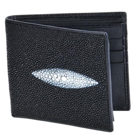 Men's Genuine Exotic Animal Skin CCartera Mantarraya Perla Sencilla –Negro