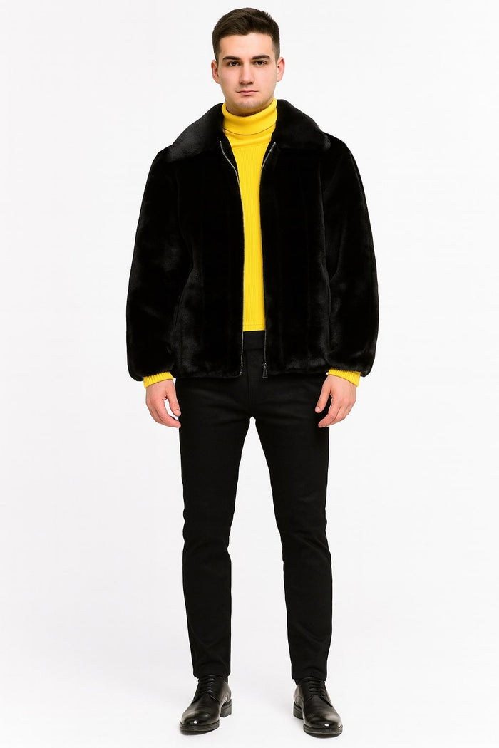 Mens Black Faux Fur Jacket – Luxury Winter Zip-Up Coat with Soft Plush Finish