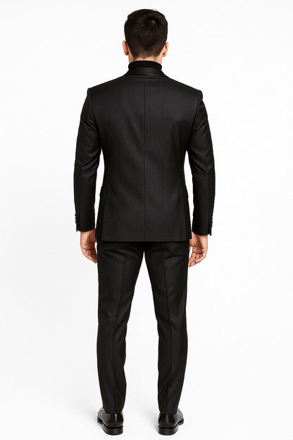 Mens Black Glitter Stripe Tuxedo with Satin Shawl Lapel – Slim Fit Formal Party Suit - Image 2