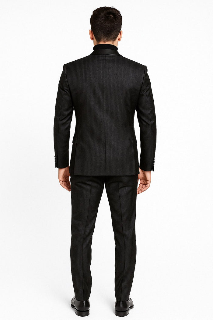 Mens Black Glitter Stripe Tuxedo with Satin Shawl Lapel – Slim Fit Formal Party Suit - Image 2