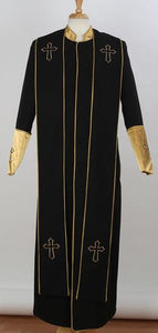 Men'S Big & Tall Mandarin Collar Black/Gold Church Cross Accent Robe With Stole Suits