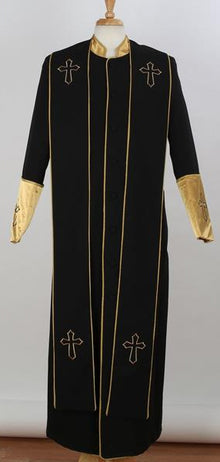 Men'S Big & Tall Mandarin Collar Black/Gold Church Cross Accent Robe With Stole Suits