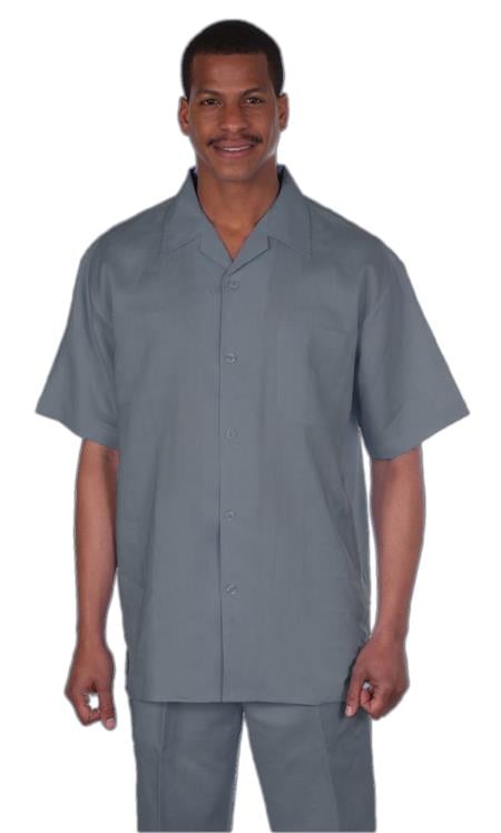 Mens Walking Suits Casual Two Piece Sets Summer Short Sleeve Shirt & Pants Casual Two Piece Mens Walking Outfit For Sale Pant Sets Casual Suit Set Men'S Suit 100% Mens Linen Suit - Fabric – Light Grey