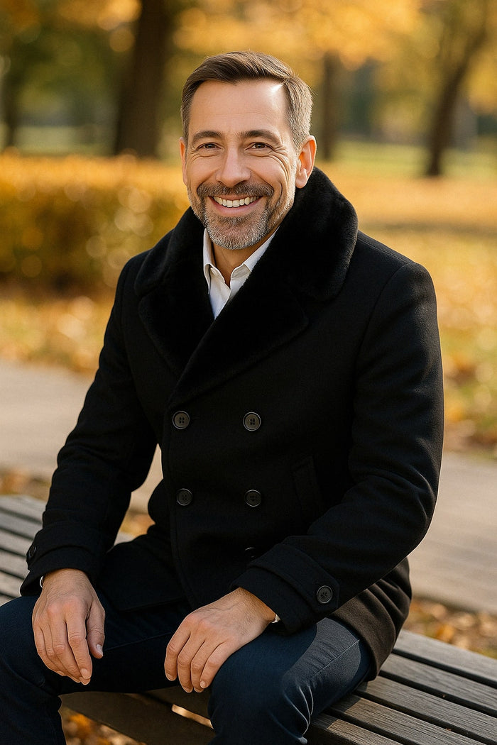 Mens Black Peacoat Wool Overcoat with Faux Fur Shawl Collar – Double-Breasted Winter Peacoat - Image 3