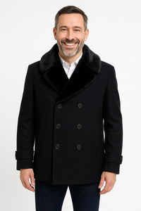 Mens Black Peacoat Wool Overcoat with Faux Fur Shawl Collar – Double-Breasted Winter Peacoat