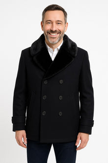 Mens Black Peacoat Wool Overcoat with Faux Fur Shawl Collar – Double-Breasted Winter Peacoat