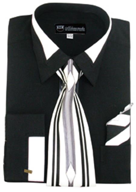 mens dress shirt tie sets French Cuff Contrast Collar Matching Tie and Hanky Set Men's Dress Shirt Black / Large 16.5” Neck / 34-35” Sleeve