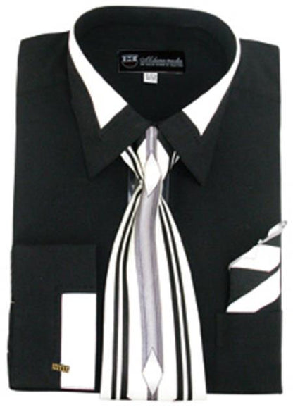 French Cuff Contrast Collar Matching Tie and Hanky Set Men's Dress Shirt