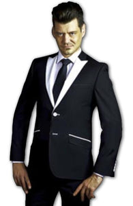 Men's Slim Fit Suit - Fitted Suit - Skinny Suit Men's Black Suit with White Peak Lapel and pick stitching