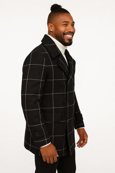 Mens Black Windowpane Check Wool Overcoat – Double-Breasted Winter Peacoat - Image 2