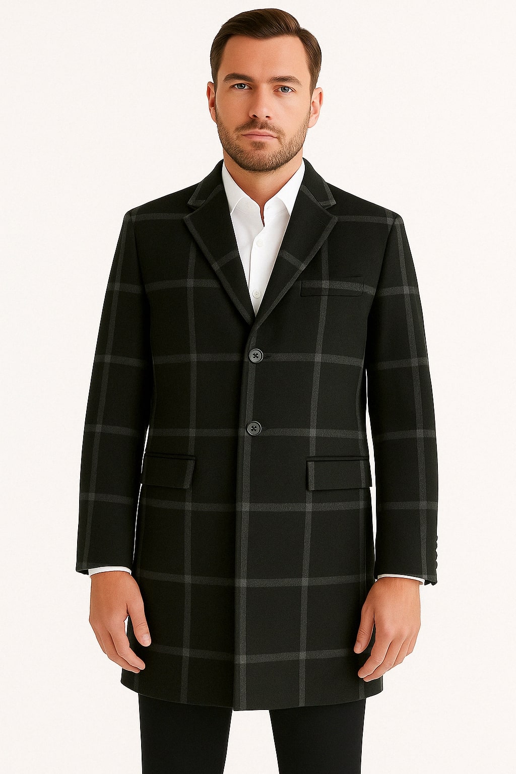Mens Black Windowpane Wool Overcoat – Classic Long Checkered Coat 