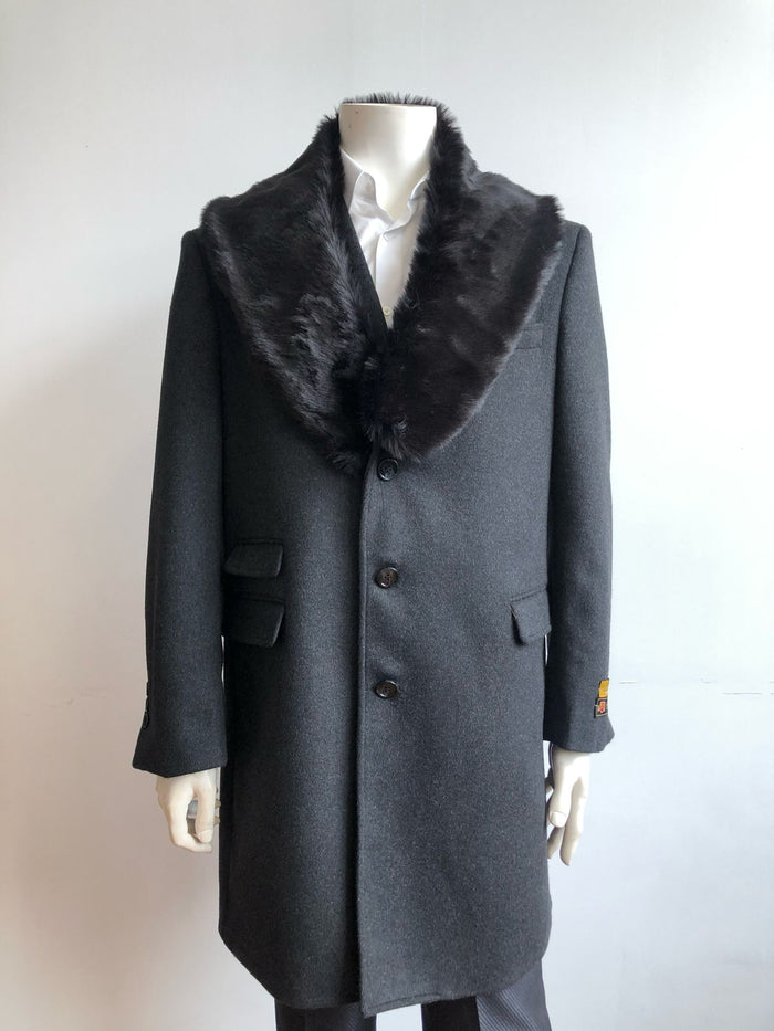 Mens Black Wool Overcoat with Black Faux Fur Collar – Luxury Winter Dress Coat - Image 3