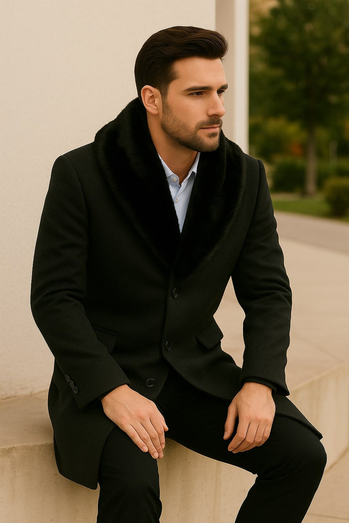 Mens Black Wool Overcoat with Black Faux Fur Collar – Luxury Winter Dress Coat - Image 4