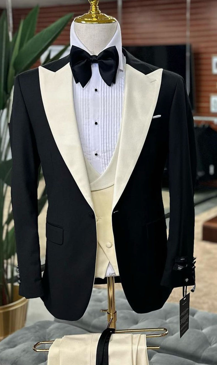 Mens Black and Ivory Tuxedo with Wide Shawl Lapel – 3 Piece Black and off White Lapel ! Vested Suit - Image 2