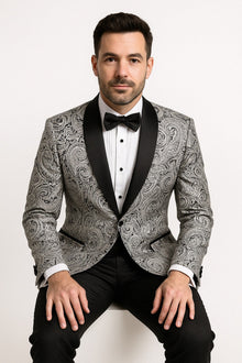 Mens Black and Silver Paisley Tuxedo with Satin Lapel and Bow Tie – Formal Party Suit