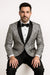 Mens Black and Silver Paisley Tuxedo with Satin Lapel and Bow Tie – Formal Party Suit