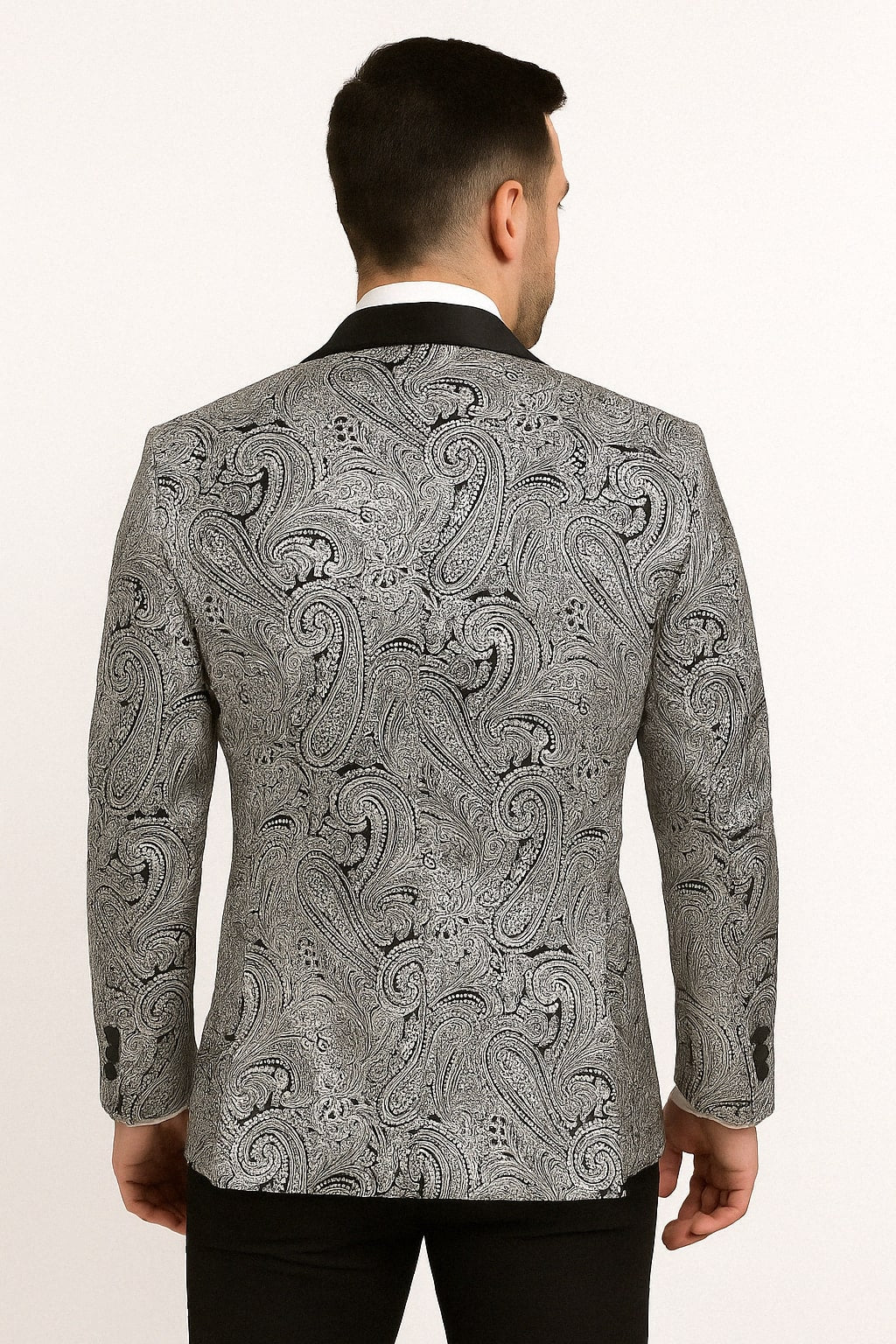 Mens Black and Silver Paisley Tuxedo with Satin Lapel and Bow Tie – Formal Party Suit - Image 4
