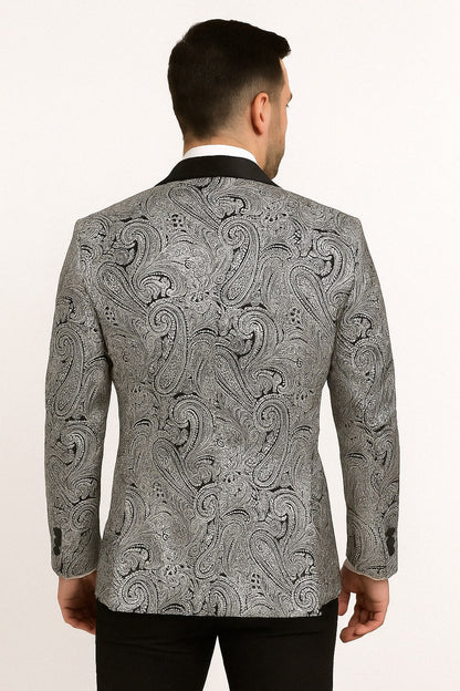 Mens Black and Silver Paisley Tuxedo with Satin Lapel and Bow Tie – Formal Party Suit - Image 4