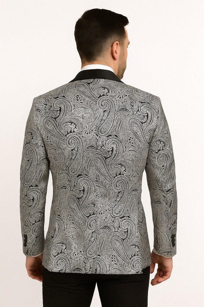 Mens Black and Silver Paisley Tuxedo with Satin Lapel and Bow Tie – Formal Party Suit - Image 4